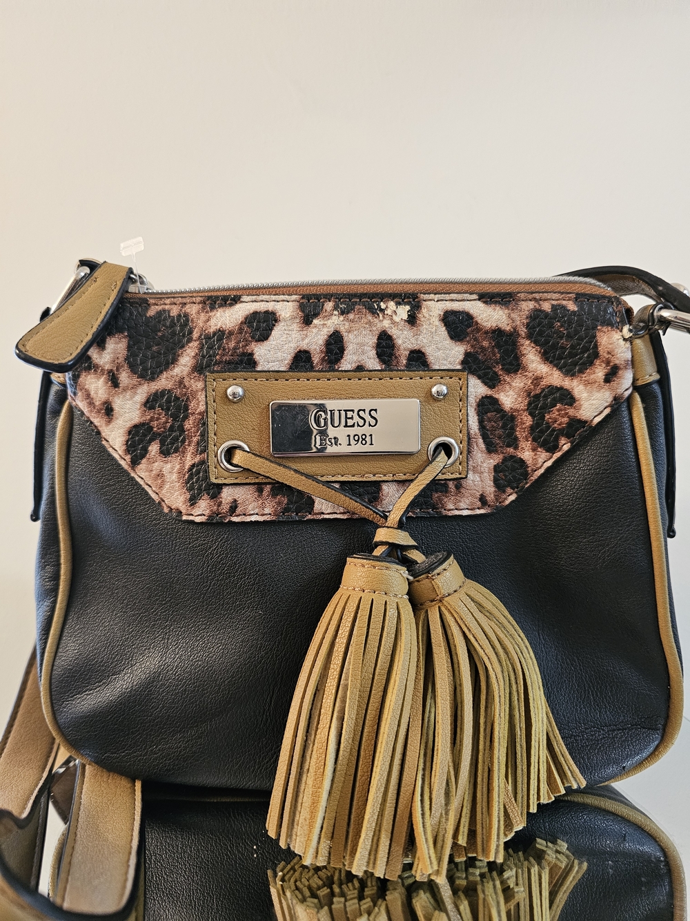 GUESS Black & Tan Leopard Print Tassel Crossbody